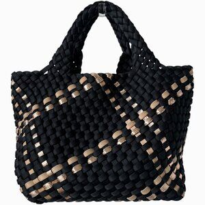 Naghedi St Barths Small Tote Black Gold Modena Woven Metallic